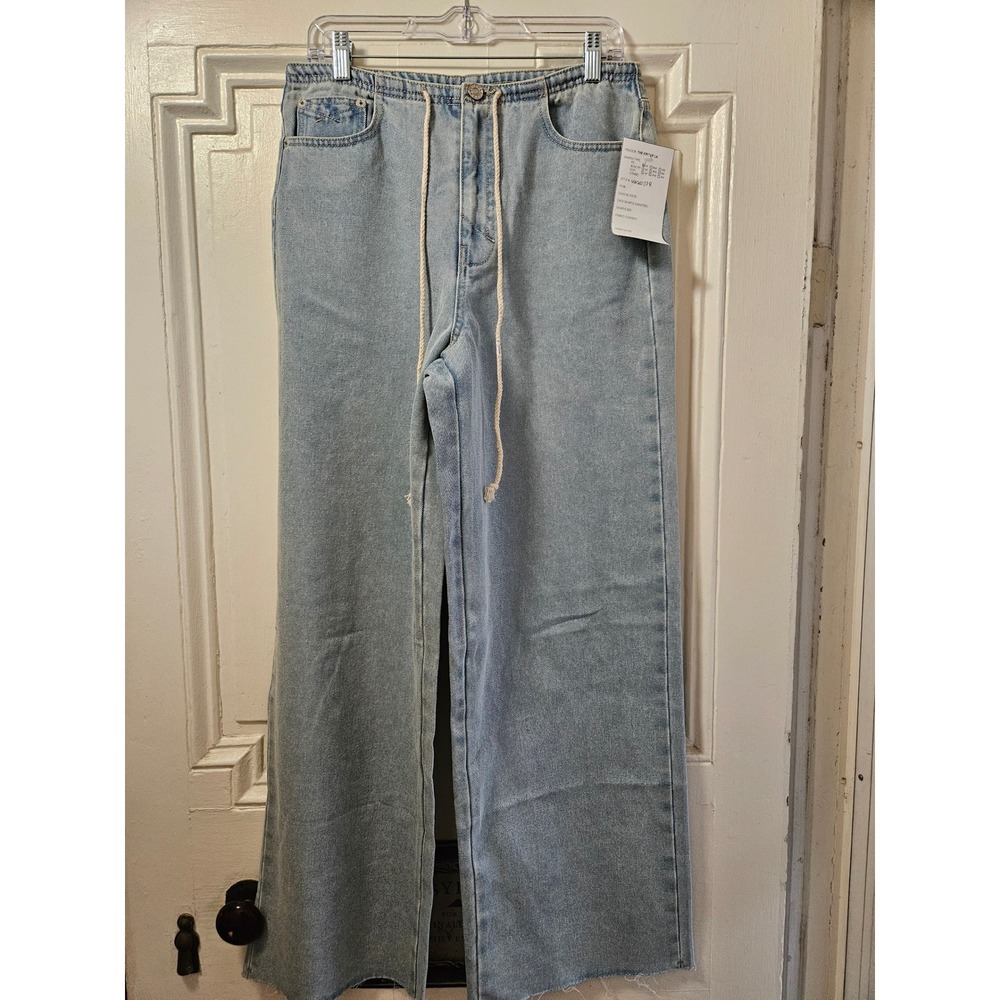 Unpublished High Rise Wide Leg Drawstring Jeans Light Wash Blue Raw Hem Size 28